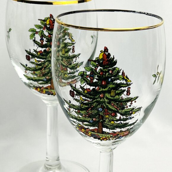 Spode Christmas Tree Vintage Wine Glasses Holiday Goblets Gold Trim 12 oz 4pcs - Picture 3 of 12